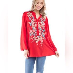 Solitaire Red V-Neck Tunic with Floral Embroidery